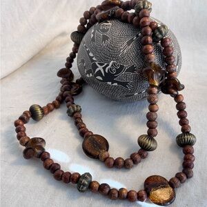 Wood Beaded Necklace 24" glass & brass artsy beads